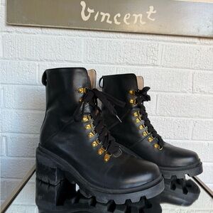 Gucci Sylvie Black Calfskin Combat Leather Boots with Gold Lace Up